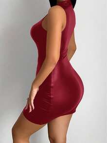 Sirith Vestido ajustado de cuello alto de unicolor y sexy para mujer, de verano - Rojo - Ver 4