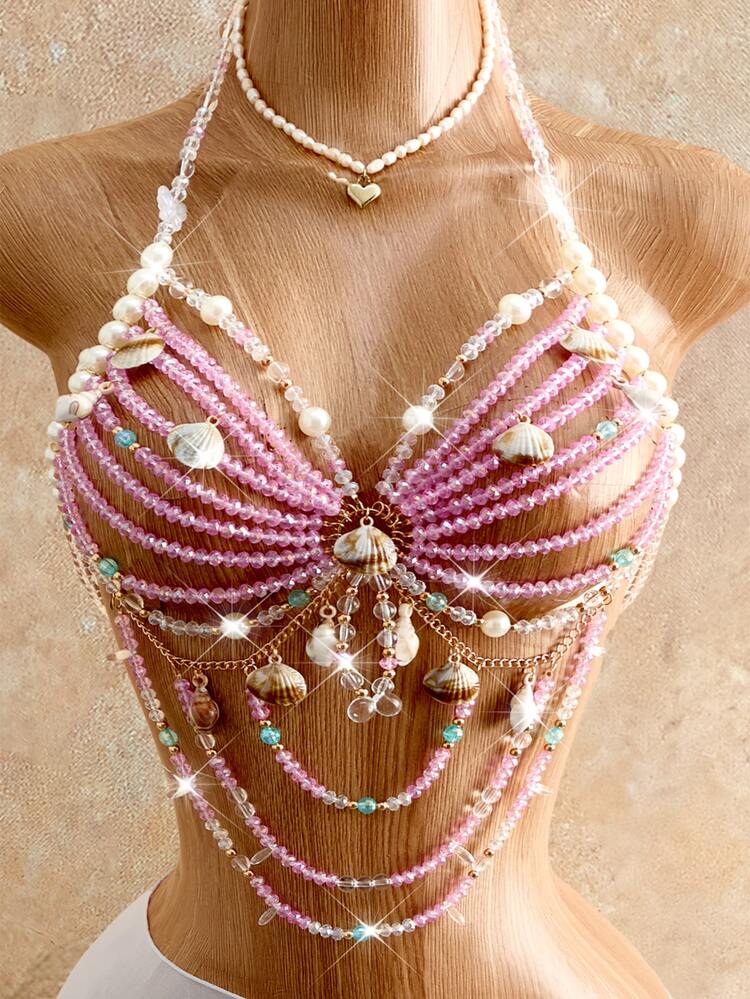 Mistrie 女士夏季度假性感贝壳吊带背心，女士水晶串珠吊带背心，女士性感度假吊带背心 - 粉色 - 查看 8