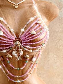 Mistrie Women's Summer Holiday Shell Camisole, Crystal Beaded Beach Vacation White Sequin Tropical Sexy - Pink - View 9