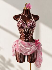 Mistrie Women's Summer Holiday Shell Camisole, Crystal Beaded Beach Vacation White Sequin Tropical Sexy - Pink - View 1