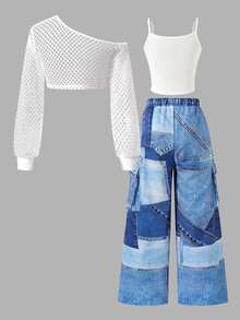 SHEIN 3pcs/Set Girls' Bowknot Camisole Top, Autumn Outfits, Asymmetric Shoulder Hollow-Out Cover Up, 3D Bowknot Wide Leg Pants White Blue And White - Multicolor - View 2