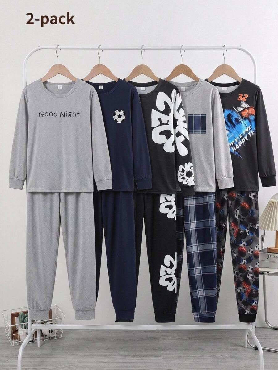 SHEIN 青少年幾何花卉圖案圓領長袖修身舒適休閒居家睡衣套裝 2件組 - 藍色 - 查看 1
