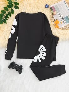 SHEIN 青少年幾何花卉圖案圓領長袖修身舒適休閒居家睡衣套裝 2件組 - 藍色 - 查看 5