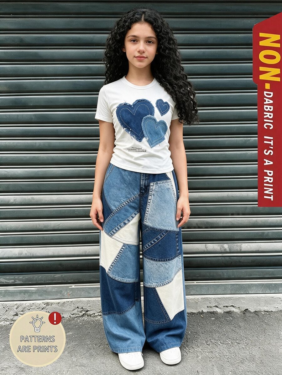 SHEIN 青少年女孩 T恤長褲兩件套,休閒 Y2K 80年代風,寬鬆針織,返校季復古夏季服飾,度假生日穿搭,白色淺藍色 - 彩色 - 查看 1