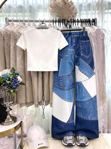 SHEIN 青少年女孩 T恤長褲兩件套，休閒 Y2K 80年代風，寬鬆針織，返校季復古夏季服飾，度假生日穿搭，白色淺藍色 - 彩色 - 查看 2