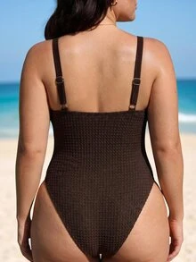 SHEIN Swim 2026 大尺碼女款咖啡色華夫格珠飾肩帶連身抓皺泳衣，夏季海灘度假優雅柔軟塑形女士度假風派對泳裝 - 咖啡棕 - 查看 2