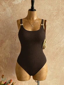 SHEIN Swim 2026 大尺碼女款咖啡色華夫格珠飾肩帶連身抓皺泳衣，夏季海灘度假優雅柔軟塑形女士度假風派對泳裝 - 咖啡棕 - 查看 6