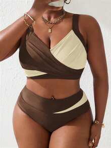 Slaydiva Plus Size Women 2pcs Brown Patchwork Ruched Tankini Swimwear Set, Summer Beach Party Vacation Holiday Matching Sexy - Multicolor - View 4