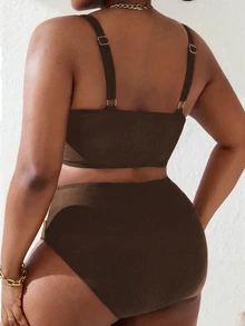 Slaydiva Plus Size Women 2pcs Brown Patchwork Ruched Tankini Swimwear Set, Summer Beach Party Vacation Holiday Matching Sexy - Multicolor - View 2