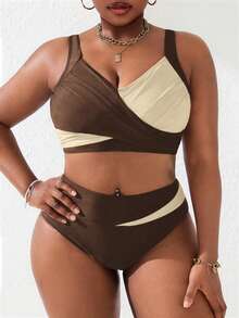 Slaydiva Plus Size Women 2pcs Brown Patchwork Ruched Tankini Swimwear Set, Summer Beach Party Vacation Holiday Matching Sexy - Multicolor - View 3