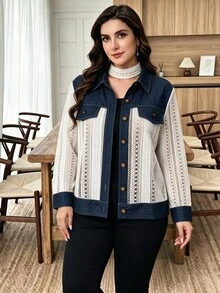 Lacomfia Women's Casual Elegant Lace Patchwork Design Loose Long Sleeve Plus Size Jacket - Multicolor - View 8