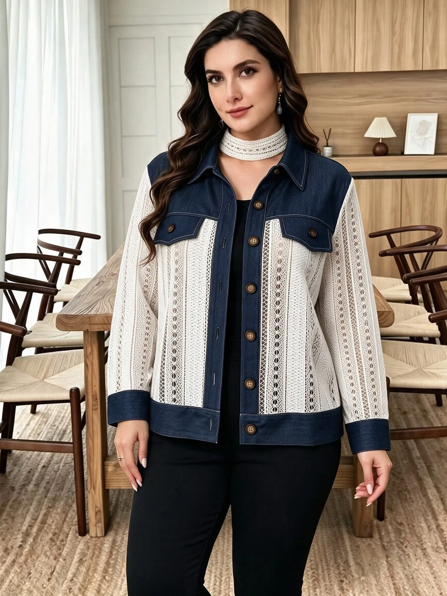 Lacomfia Women's Casual Elegant Lace Patchwork Design Loose Long Sleeve Plus Size Jacket - Multicolor - View 1