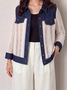 Lacomfia Women's Casual Elegant Lace Patchwork Design Loose Long Sleeve Plus Size Jacket - Multicolor - View 4