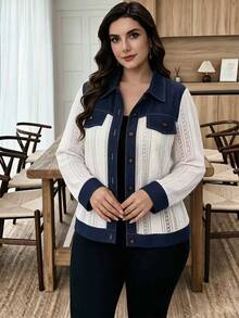 Lacomfia Women's Casual Elegant Lace Patchwork Design Loose Long Sleeve Plus Size Jacket - Multicolor - View 3