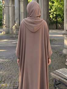 Mulvari Solid Color Loose Hooded Jilbab Abaya - Khaki - View 6
