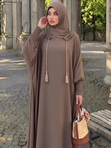 Mulvari Solid Color Loose Hooded Jilbab Abaya - Khaki - View 8
