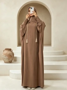 Mulvari Solid Color Loose Hooded Jilbab Abaya - Khaki - View 5