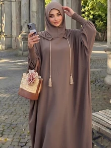 Mulvari Solid Color Loose Hooded Jilbab Abaya - Khaki - View 7