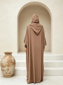 Mulvari Solid Color Loose Hooded Jilbab Abaya - Khaki - View 3