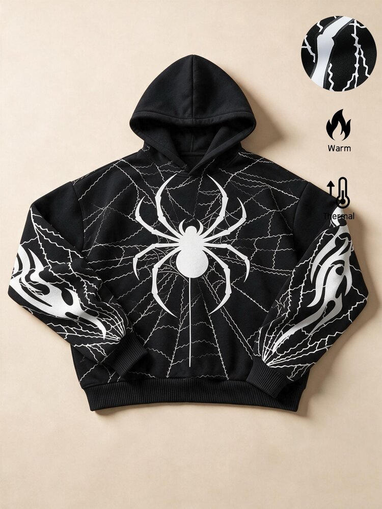ROMWE MEN Spider Print Loose Hoodie, Street Retro - Black - View 1