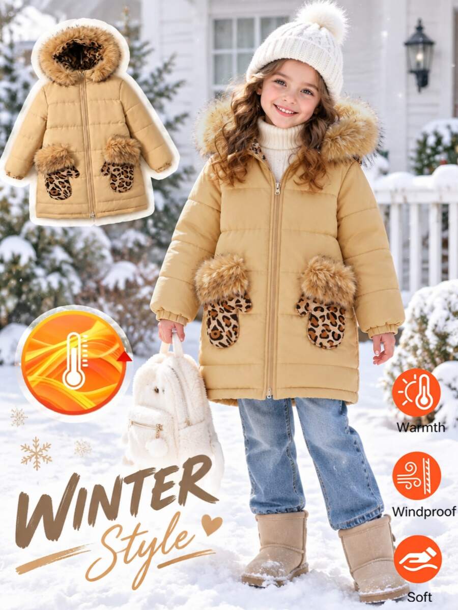 SHEIN Elladie kids 少女加厚外套 米色 休閒可愛日系風 秋冬連帽拉鍊寬鬆厚實款 日常穿著校園社團街頭風 - 卡其色 - 查看 1