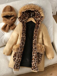 SHEIN Elladie kids 少女加厚外套 米色 休閒可愛日系風 秋冬連帽拉鍊寬鬆厚實款 日常穿著校園社團街頭風 - 卡其色 - 查看 4