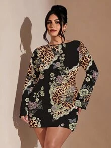 SHEIN BAE 大尺碼女款黑色秋季優雅性感豹紋花卉印花洋裝，正式晚宴婚禮賓客早午餐晚餐外出穿搭，休閒露背派對裙 - 彩色 - 查看 5
