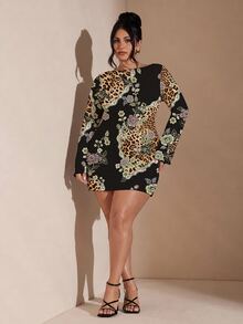 SHEIN BAE 大尺碼女款黑色秋季優雅性感豹紋花卉印花洋裝，正式晚宴婚禮賓客早午餐晚餐外出穿搭，休閒露背派對裙 - 彩色 - 查看 1