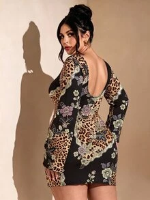 SHEIN BAE 大尺碼女款黑色秋季優雅性感豹紋花卉印花洋裝，正式晚宴婚禮賓客早午餐晚餐外出穿搭，休閒露背派對裙 - 彩色 - 查看 2