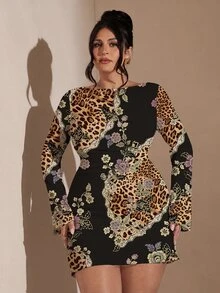 SHEIN BAE 大尺碼女款黑色秋季優雅性感豹紋花卉印花洋裝，正式晚宴婚禮賓客早午餐晚餐外出穿搭，休閒露背派對裙 - 彩色 - 查看 7