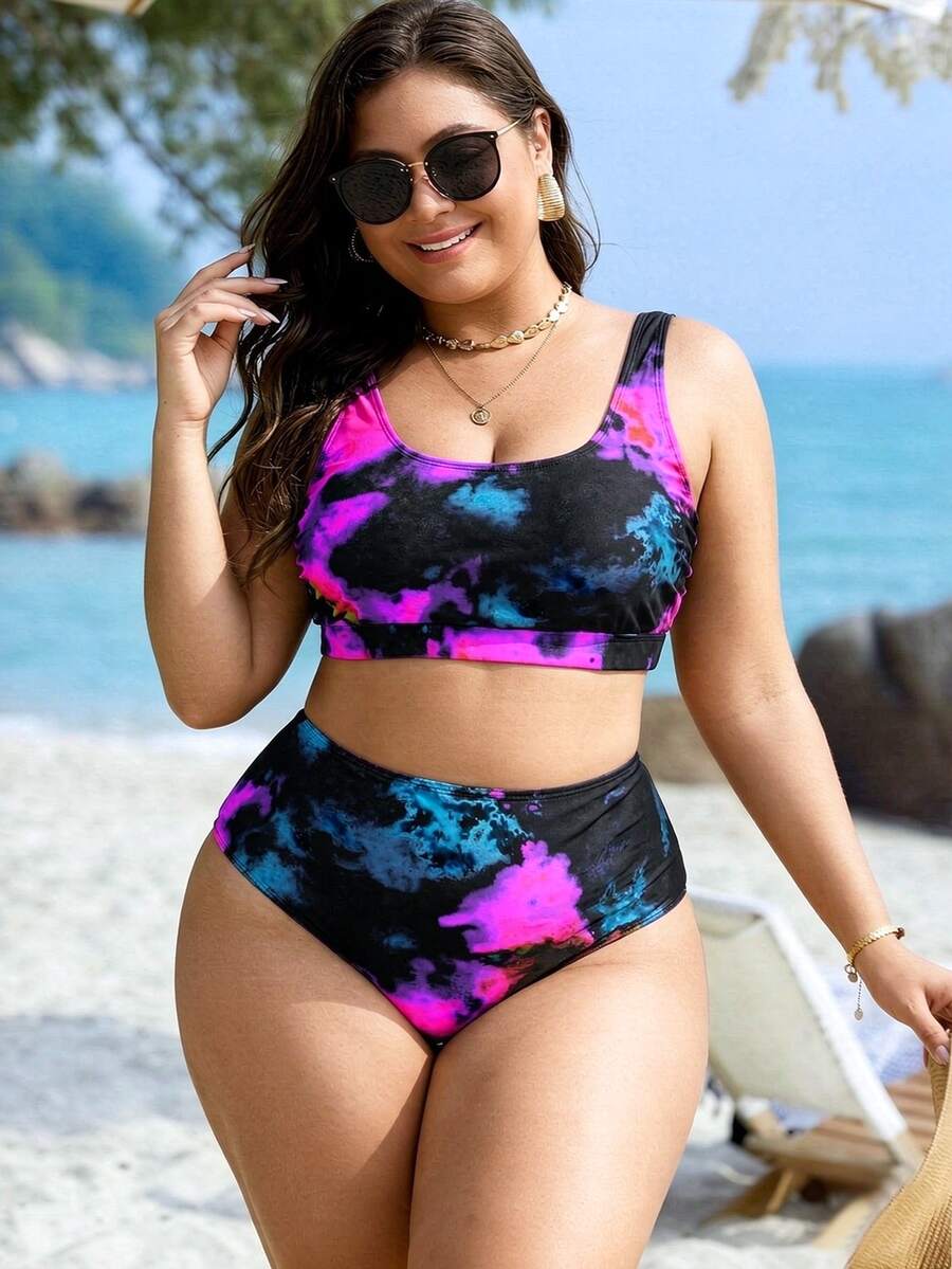 SHEIN Swim Curve Plus Size Women 2 Pieces Set Random Printed Bikini Swimwear Set, Fashionable And Suitable For Vacation For Summer - Multicolor - View 1