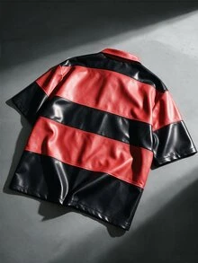 ROMWE MEN Batman X ROMWE 男士 PU 配色條紋拼接 Polo 衫 - 彩色 - 查看 3