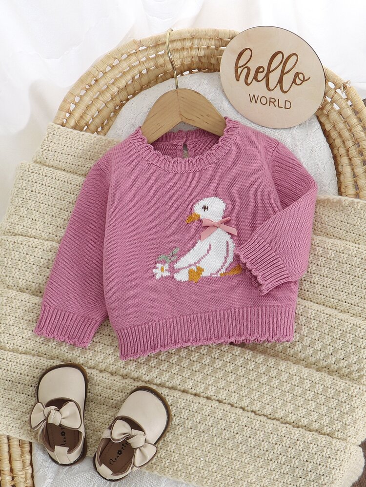 SHEIN 1pc Pink Girls Ruffle Collar Pullover Sweater, Cute Little Duck Jacquard Bow Knit Top, Soft Baby Girl Spring/Autumn/Winter Ruffle Base Layer, Suitable For Daily Wear, Inner Layer, Outerwear, Travel, Vacation, Family Gathering, Outing, Strolling, Versatile Outfit - Pink - View 5