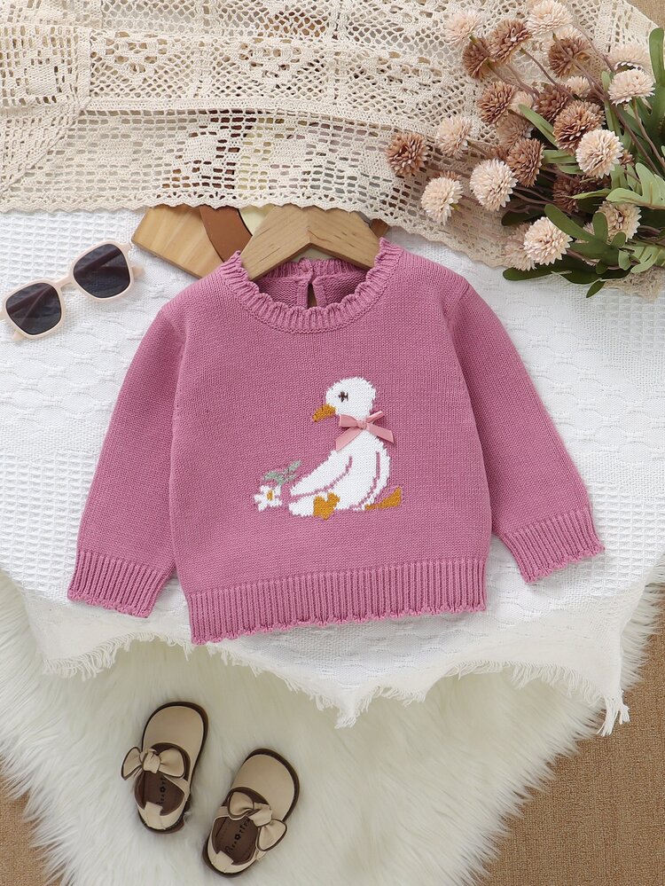 SHEIN 1pc Pink Girls Ruffle Collar Pullover Sweater, Cute Little Duck Jacquard Bow Knit Top, Soft Baby Girl Spring/Autumn/Winter Ruffle Base Layer, Suitable For Daily Wear, Inner Layer, Outerwear, Travel, Vacation, Family Gathering, Outing, Strolling, Versatile Outfit - Pink - View 6