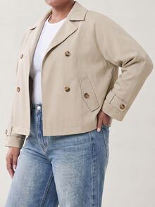 Solavibe Plus Size Women's Solid Color Raglan Long Sleeve Double-Breasted Casual Elegant Trench Coat Jacket Summer Cropped Teachers' Day Office Evening Fall - Apricot - View 3