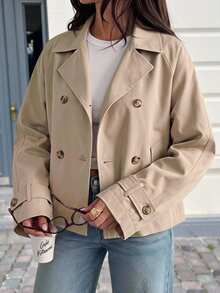 Solavibe Plus Size Women's Solid Color Raglan Long Sleeve Double-Breasted Casual Elegant Trench Coat Jacket Summer Cropped Teachers' Day Office Evening Fall - Apricot - View 1