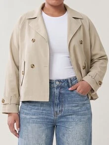 Solavibe Plus Size Women's Solid Color Raglan Long Sleeve Double-Breasted Casual Elegant Trench Coat Jacket Summer Cropped Teachers' Day Office Evening Fall - Apricot - View 4