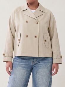 Solavibe Plus Size Women's Solid Color Raglan Long Sleeve Double-Breasted Casual Elegant Trench Coat Jacket Summer Cropped Teachers' Day Office Evening Fall - Apricot - View 8