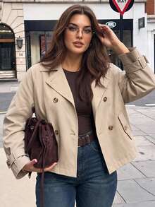 Solavibe Plus Size Women's Solid Color Raglan Long Sleeve Double-Breasted Casual Elegant Trench Coat Jacket Summer Cropped Teachers' Day Office Evening Fall - Apricot - View 9