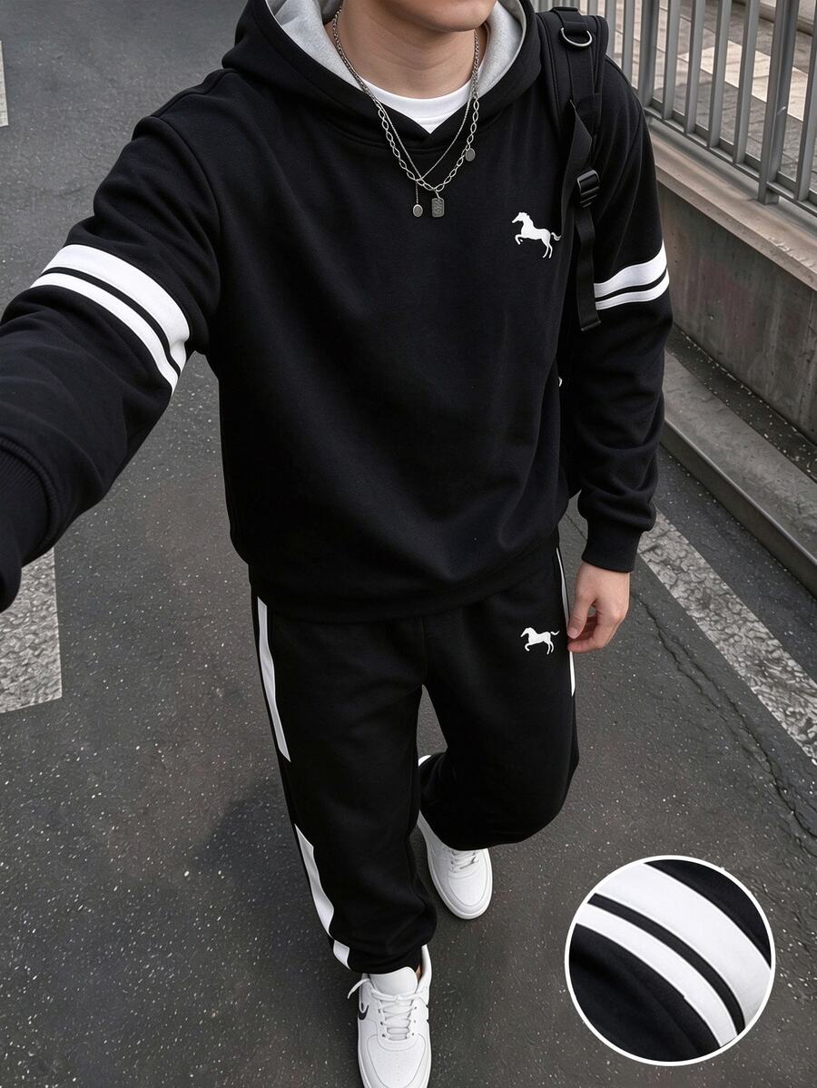 青少年男孩休閒舒適長袖連帽衛衣與長褲套裝