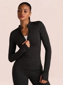 SHEIN BAE Women Black Polka Dot Stand Collar Zip Up Cropped Athletic Jacket Long Sleeve Slim Fit Gym Workout Training Running Activewear - Black - View 1