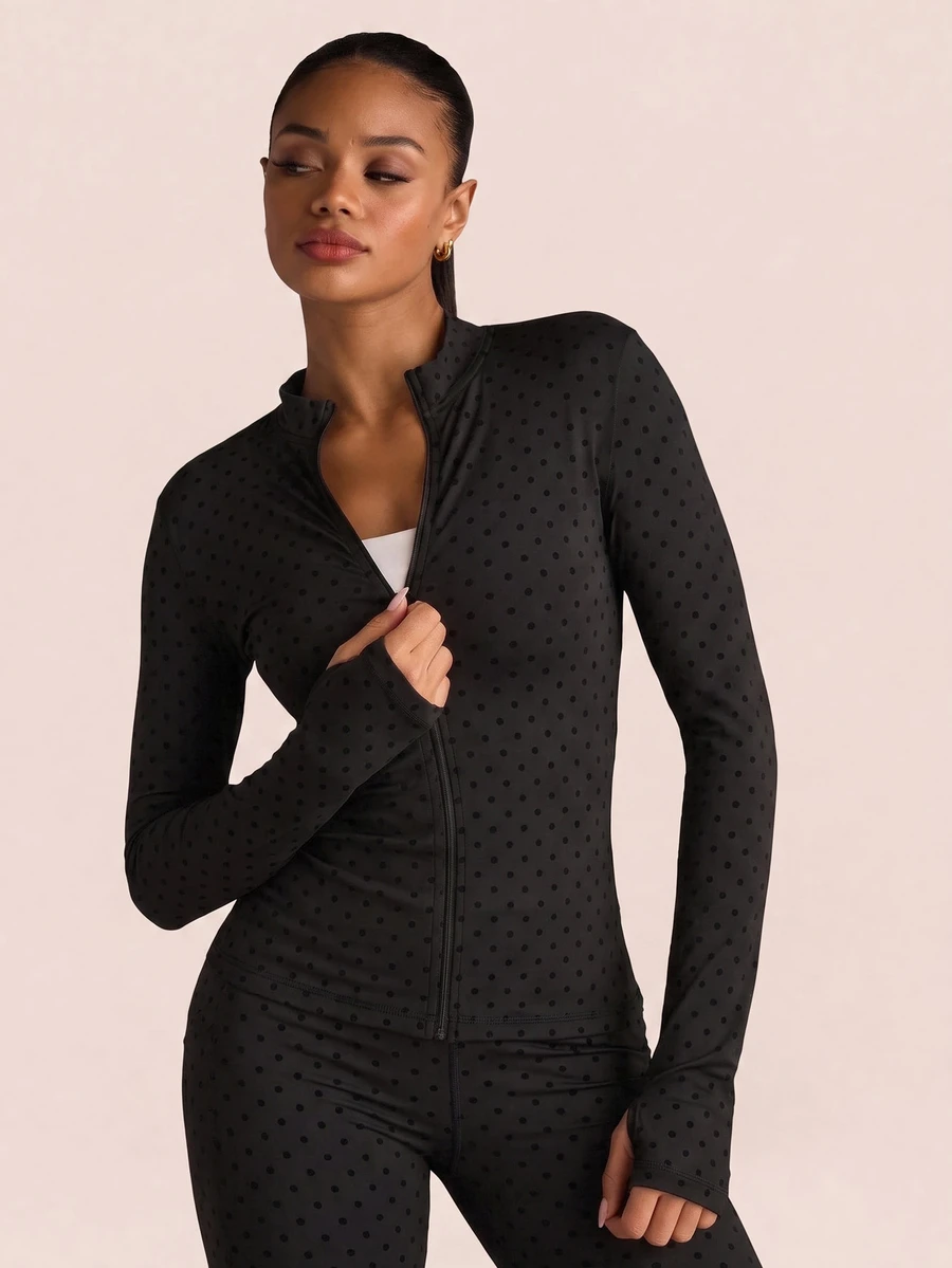 SHEIN BAE Women Black Polka Dot Stand Collar Zip Up Cropped Athletic Jacket Long Sleeve Slim Fit Gym Workout Training Running Activewear - Black - View 1