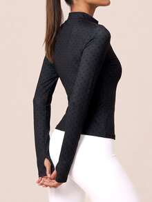 SHEIN BAE Women Black Polka Dot Stand Collar Zip Up Cropped Athletic Jacket Long Sleeve Slim Fit Gym Workout Training Running Activewear - Black - View 6
