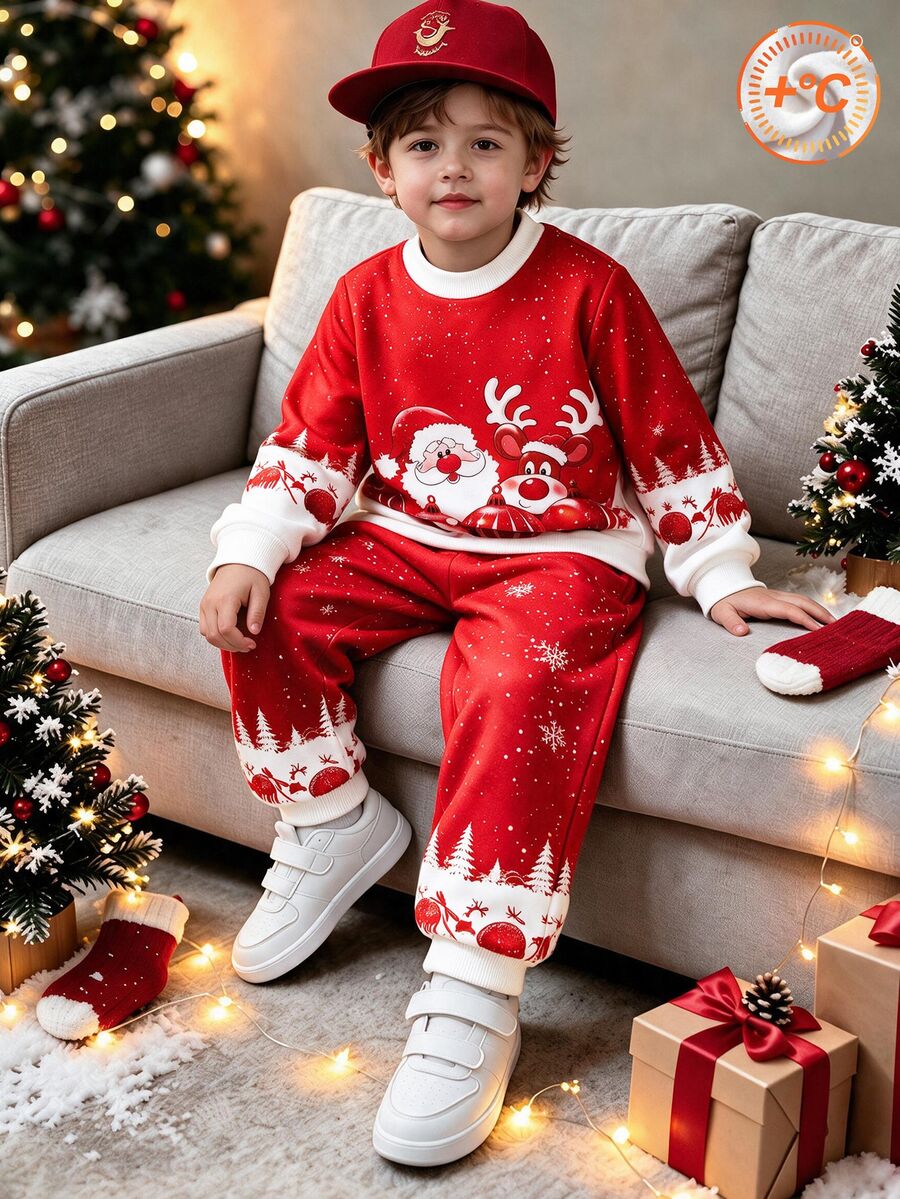 Young Boy Santa Claus Print Long Sleeve Sweatshirt And Sweatpants Casual Set - Multicolor - View 1