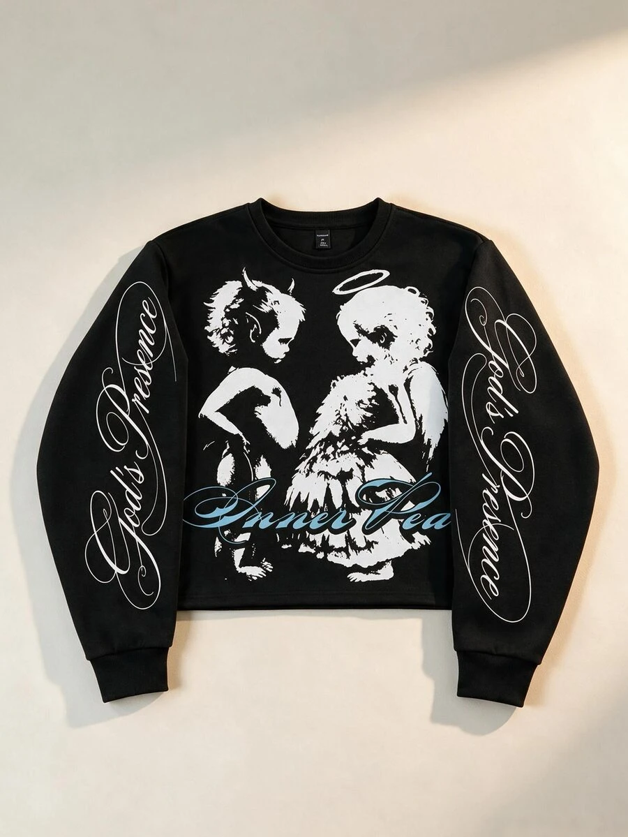 ROMWE MEN Men's Round Neck Long Sleeve Angel Print Loose Fit T-Shirt - Black - View 1