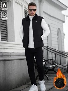 Manfinity CasualCool 男士紋理絎縫抓絨背心，填充顆粒抓絨翻領背心，戶外休閒街頭風外套，輕便商務通勤夾克 - 黑色 - 查看 7