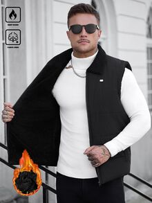 Manfinity CasualCool 男士紋理絎縫抓絨背心，填充顆粒抓絨翻領背心，戶外休閒街頭風外套，輕便商務通勤夾克 - 黑色 - 查看 3
