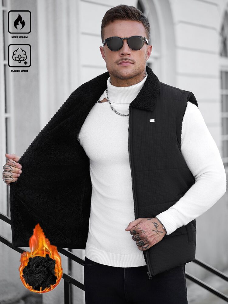 Manfinity CasualCool Men's Textured Quilted Fleece Vest, Padded Granular Fleece Lapel Vest, Outdoor Casual Streetwear Outerwear, Light Business Commute Jacket - Black - View 3