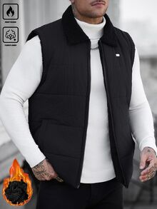 Manfinity CasualCool 男士紋理絎縫抓絨背心，填充顆粒抓絨翻領背心，戶外休閒街頭風外套，輕便商務通勤夾克 - 黑色 - 查看 5