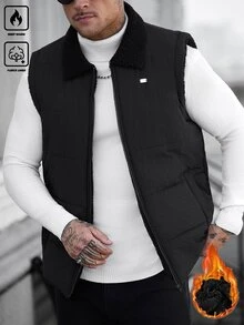 Manfinity CasualCool 男士紋理絎縫抓絨背心，填充顆粒抓絨翻領背心，戶外休閒街頭風外套，輕便商務通勤夾克 - 黑色 - 查看 8